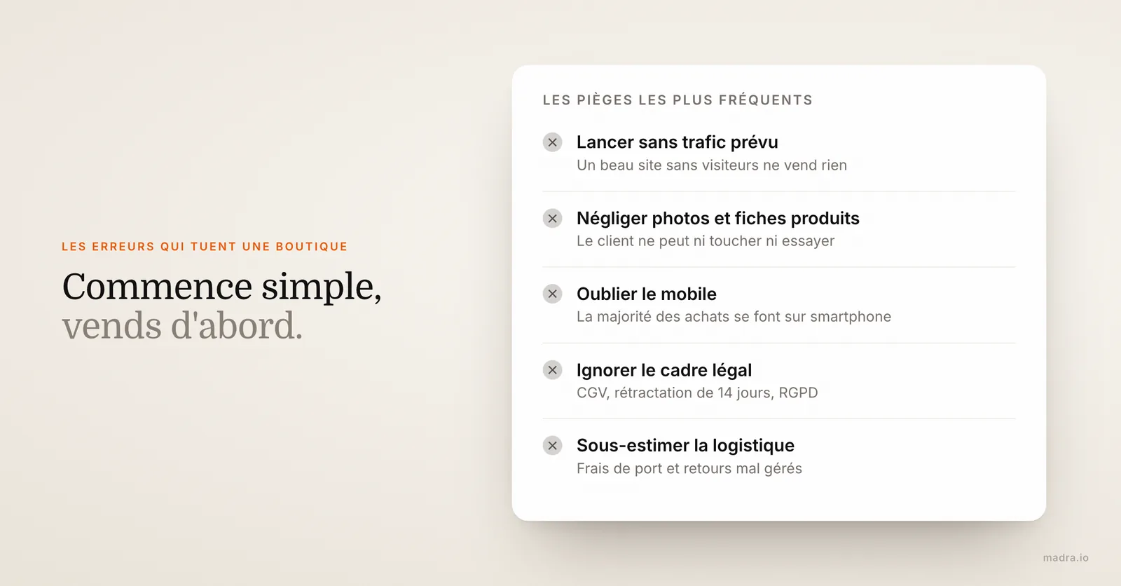 Les 5 erreurs qui font échouer une boutique en ligne : trafic, photos, mobile, cadre légal, logistique