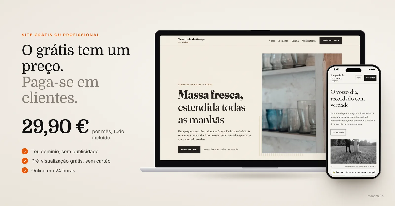 Site de restaurante em Lisboa num MacBook e site de fotógrafo no Algarve num iPhone: site profissional em vez de site grátis