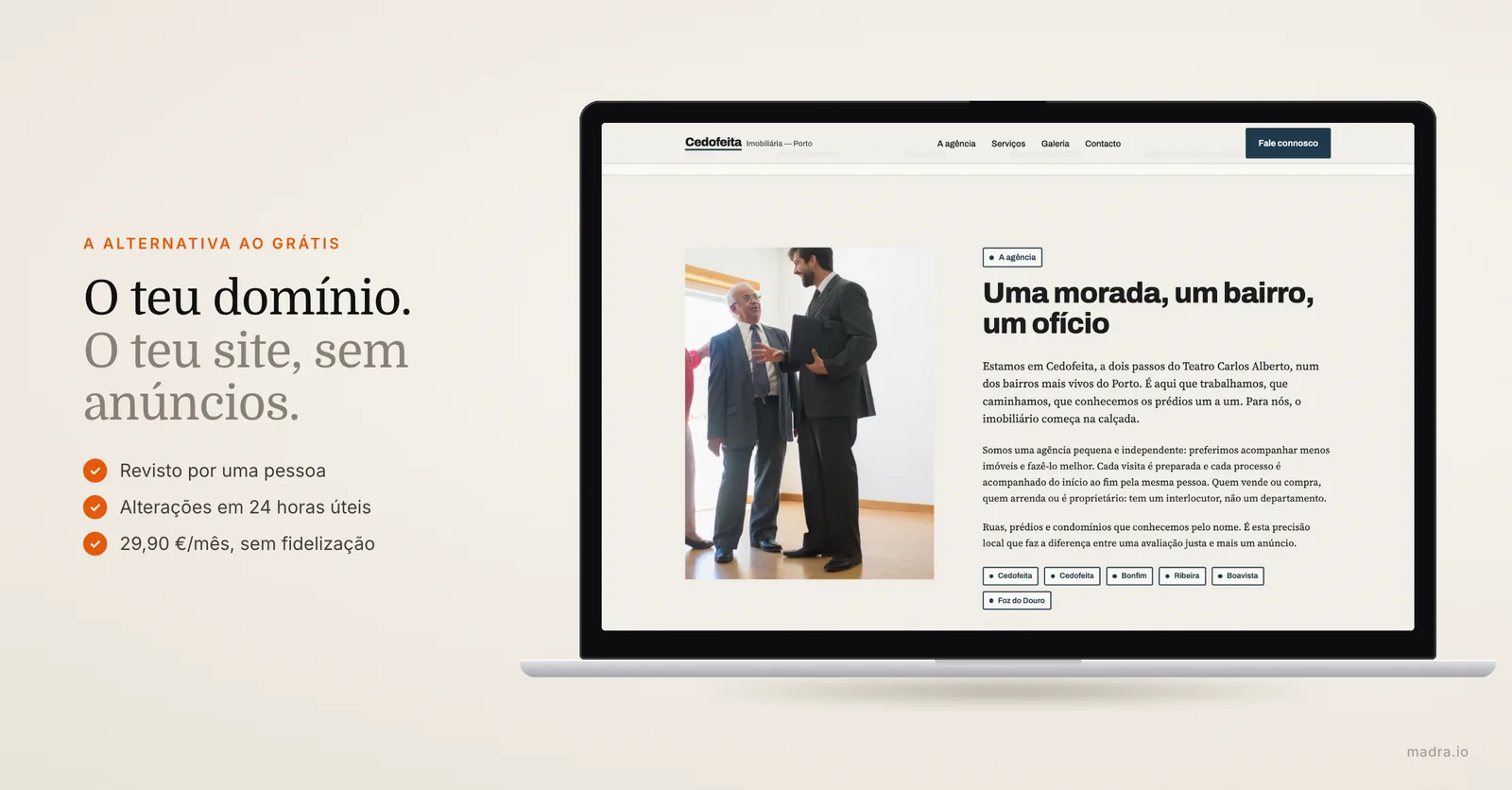 Site de uma imobiliária no Porto num MacBook, com domínio próprio, sem publicidade e revisto por uma pessoa