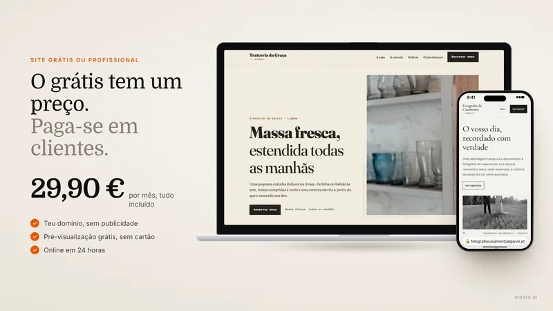 Site profissional de restaurante em Lisboa e site de fotógrafo no Algarve, mostrados num MacBook e num iPhone
