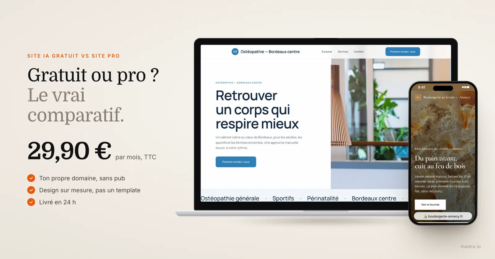 Site d'ostéopathe sur ordinateur et site de boulangerie sur iPhone : comparatif entre site IA gratuit et site professionnel