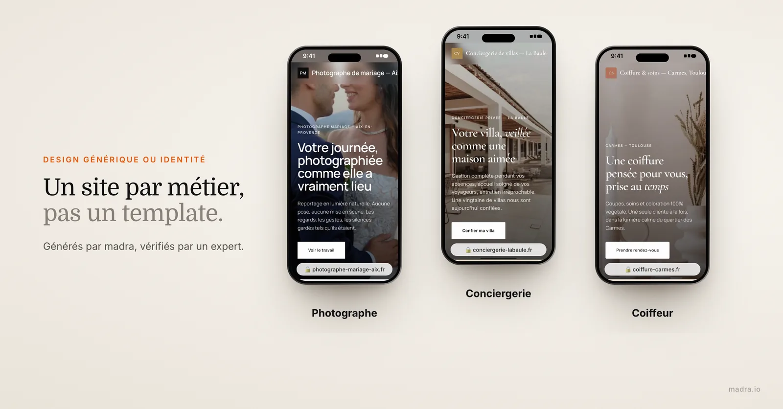 Trois sites professionnels sur iPhone, photographe, conciergerie et coiffeur, chacun avec son propre design