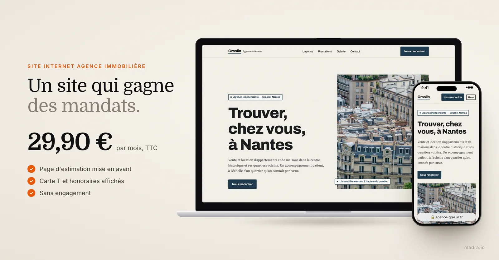 Site d'agence immobilière sur ordinateur et iPhone créé par madra pour gagner des mandats, à 29,90 € par mois