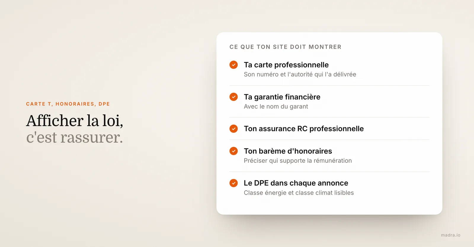 Mentions obligatoires d'un site d'agence immobilière : carte professionnelle, garantie, assurance, honoraires, DPE