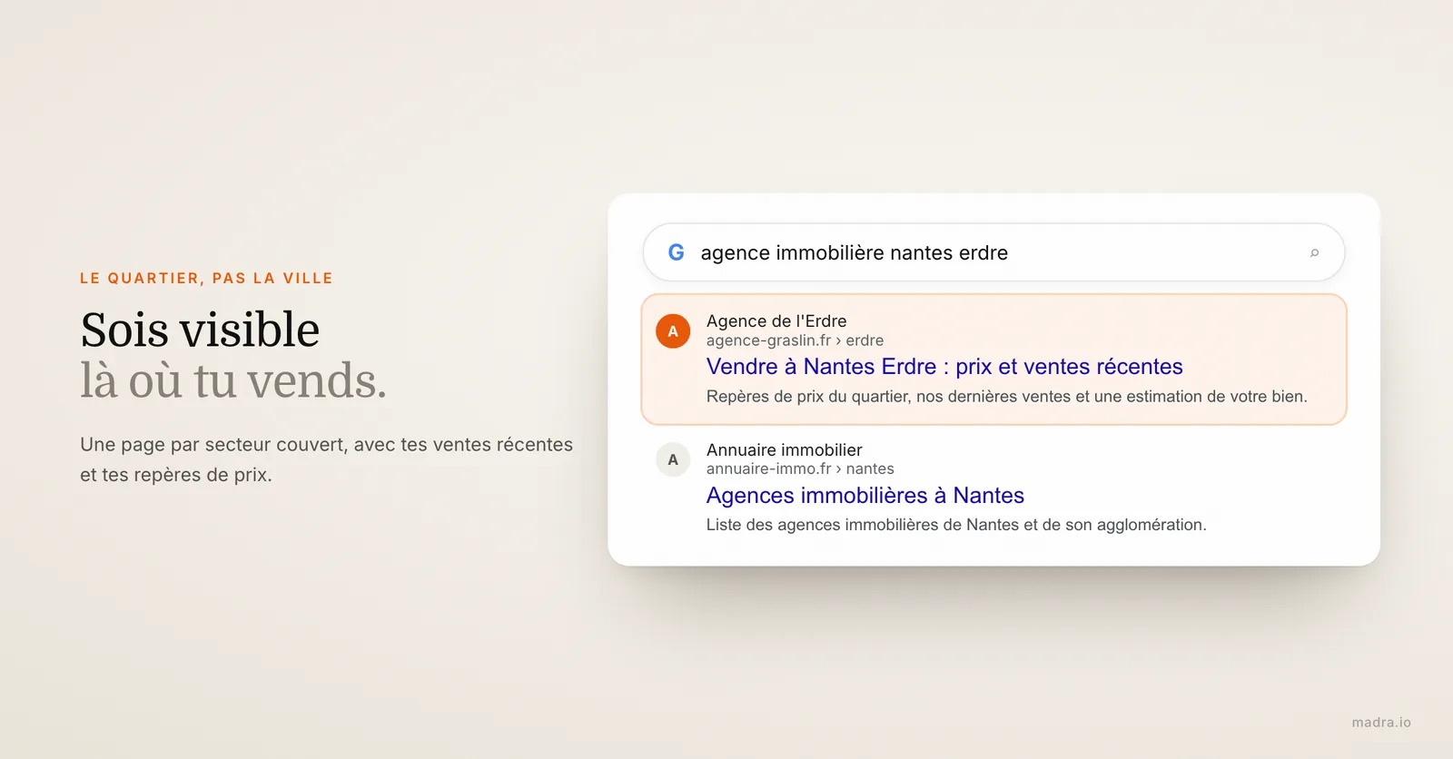 Résultat Google pour une recherche d'agence immobilière par quartier : la page secteur de l'agence apparaît en premier