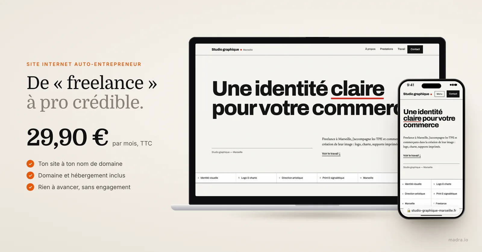 Site de graphiste freelance sur ordinateur et iPhone : un site internet d'auto-entrepreneur crédible à 29,90 € par mois