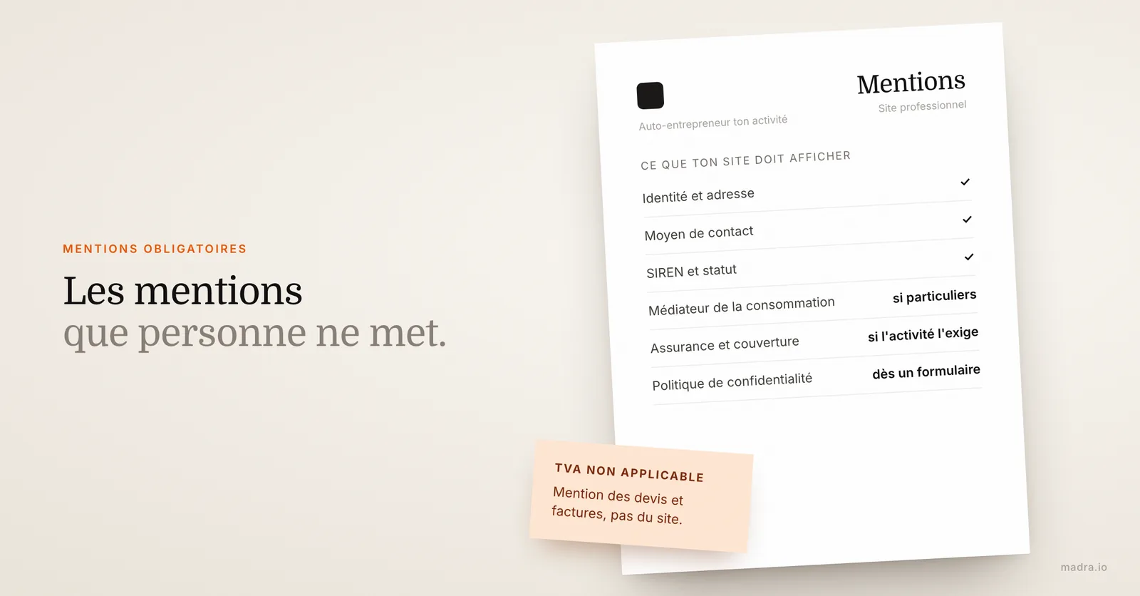 Liste des mentions obligatoires sur le site d'un auto-entrepreneur : identité, SIREN, médiateur, assurance, confidentialité