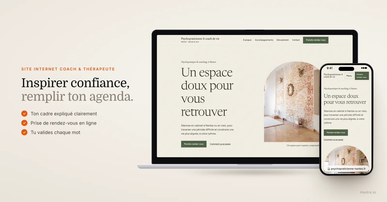 Site de psychopraticienne et coach sur ordinateur et iPhone, créé par madra pour inspirer confiance et prendre rendez-vous