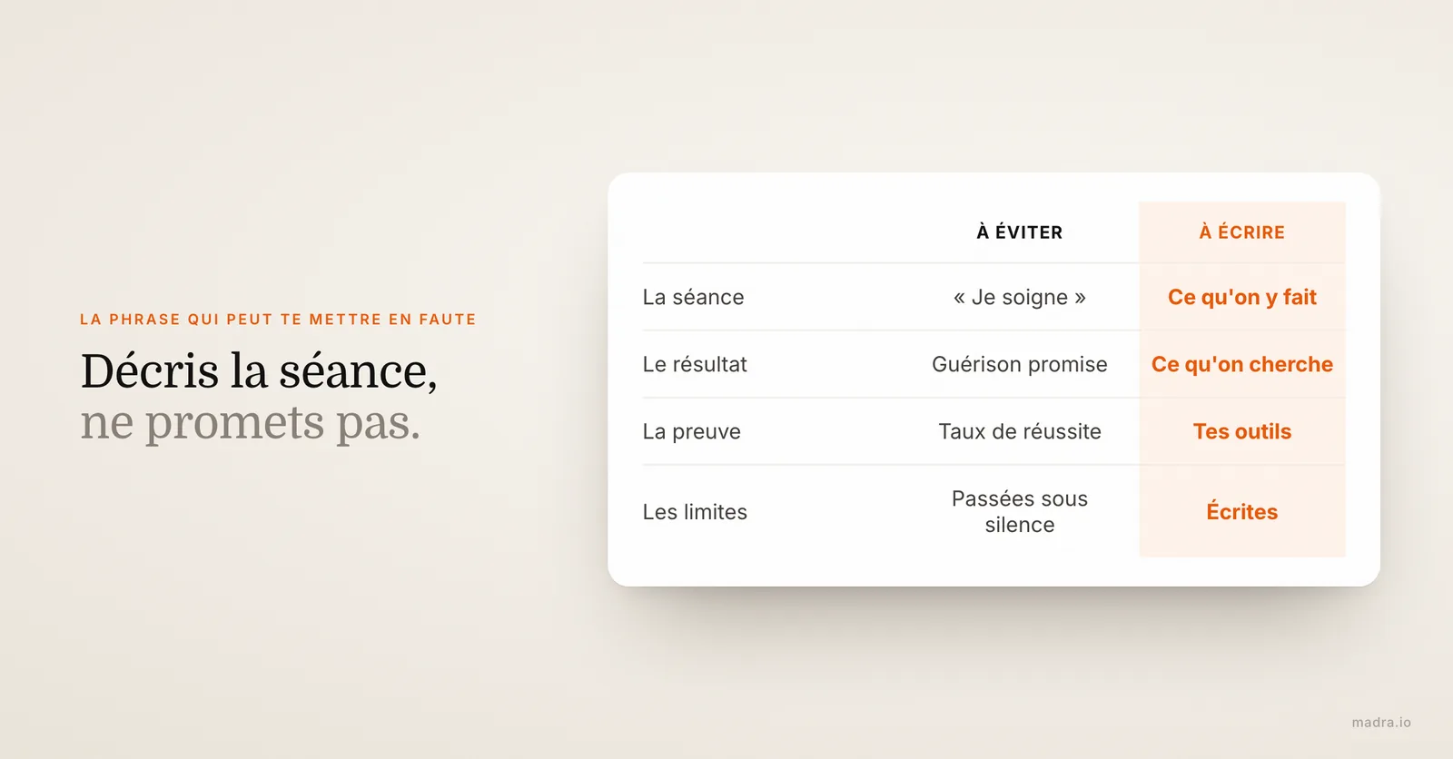 Formulations à éviter et à écrire sur un site de coach ou thérapeute : décrire la séance, pas promettre une guérison