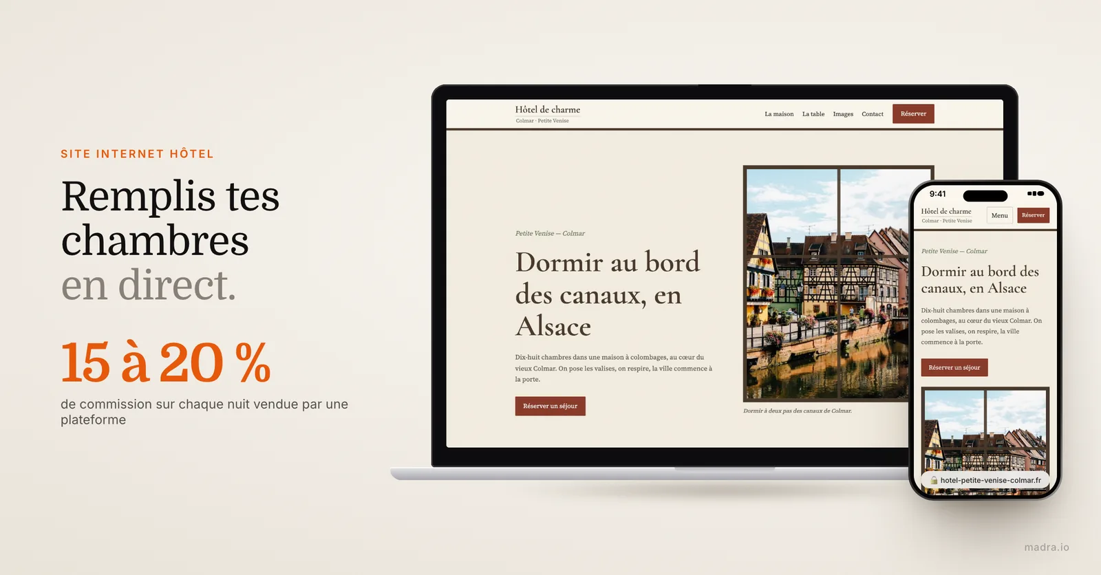 Site d'hôtel sur ordinateur et iPhone pour vendre ses chambres en direct, sans les 15 à 20 % de commission des plateformes