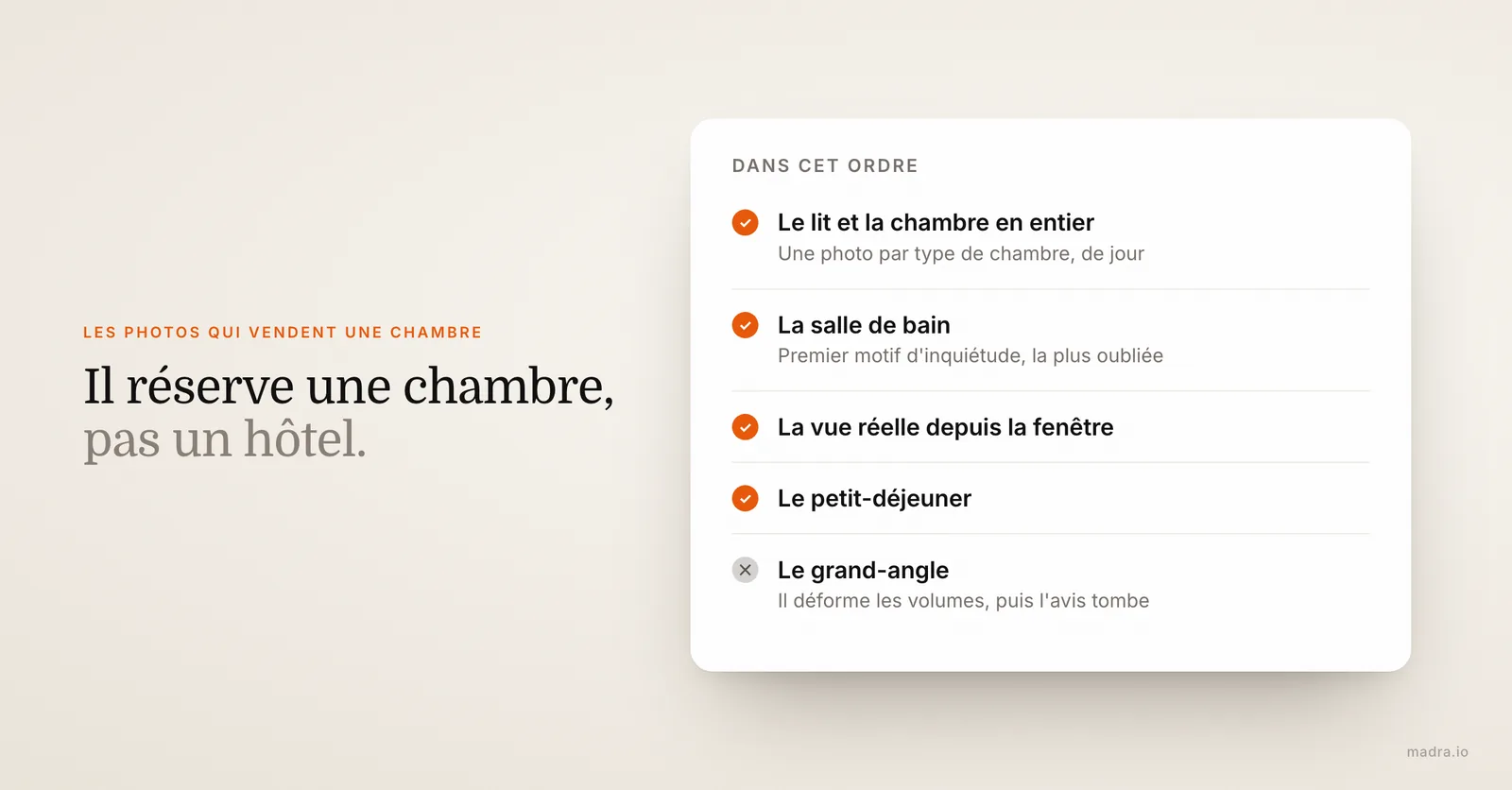Les photos qui vendent une chambre d'hôtel : chambre entière, salle de bain, vue réelle, petit-déjeuner, sans grand-angle