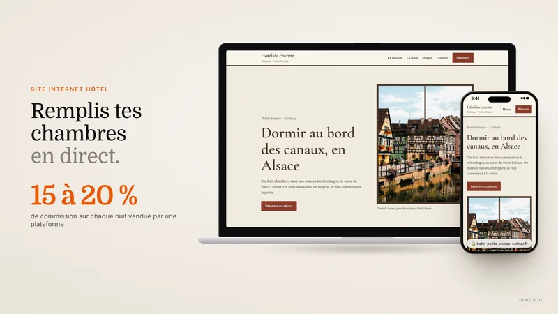 Site web d'hôtel avec module de réservation directe, galerie de chambres et tarifs