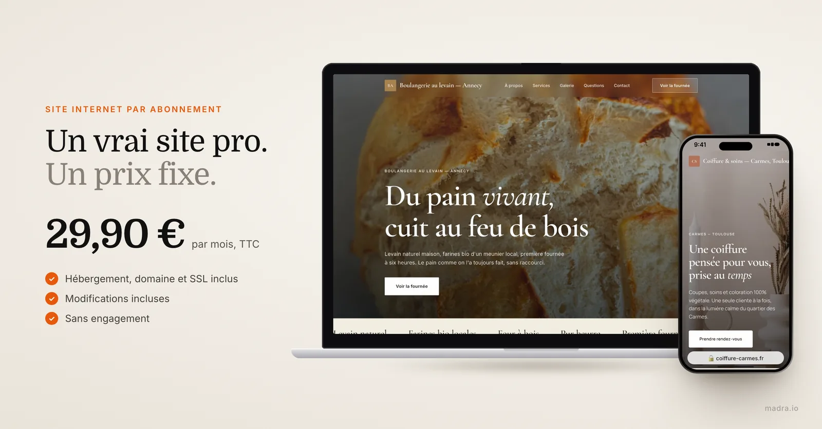 Site de boulangerie sur ordinateur et site de coiffeur sur iPhone créés par madra, abonnement à 29,90 € par mois TTC