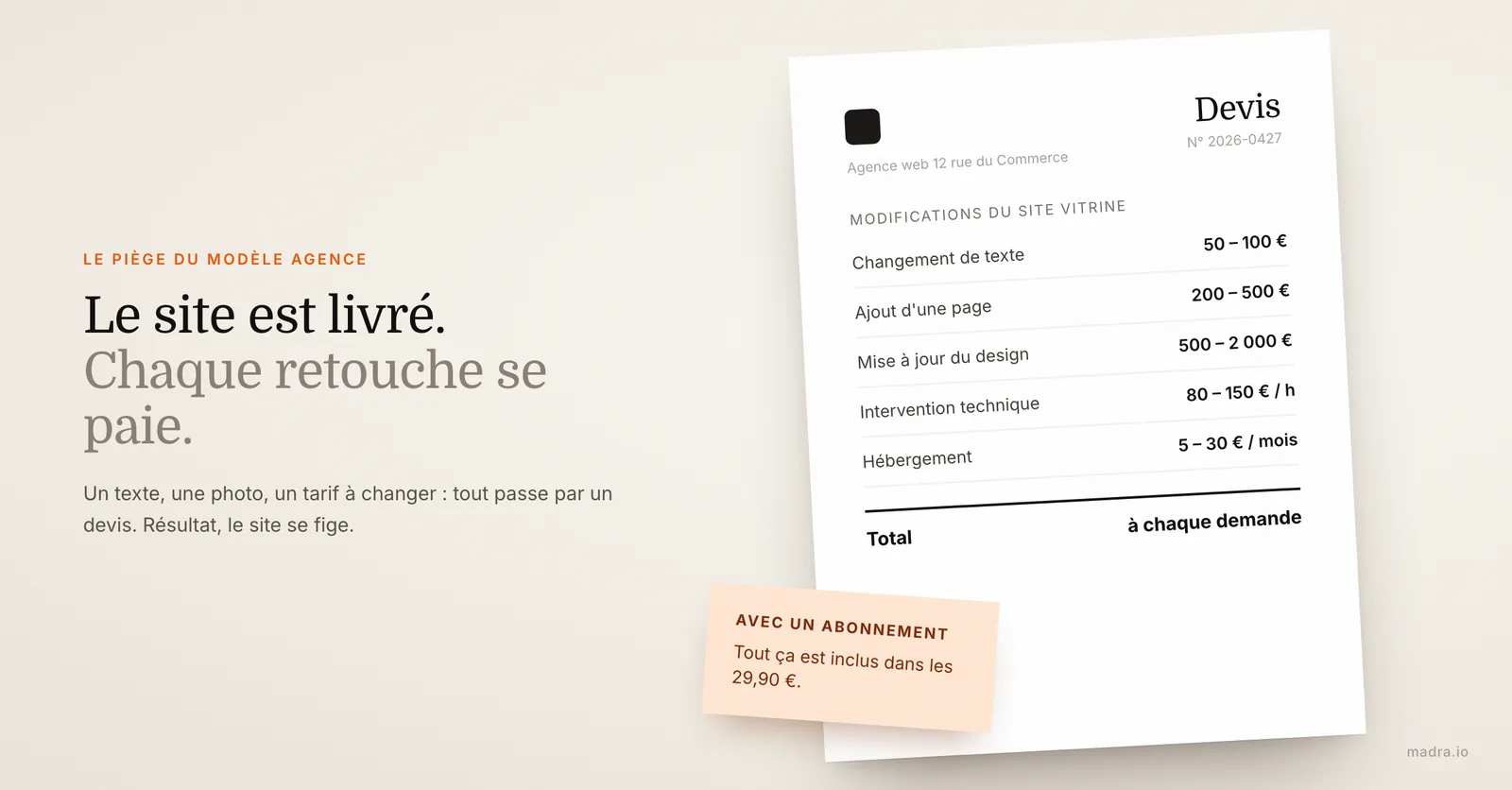 Devis d'agence web pour des modifications de site : changement de texte, ajout de page, design, intervention technique