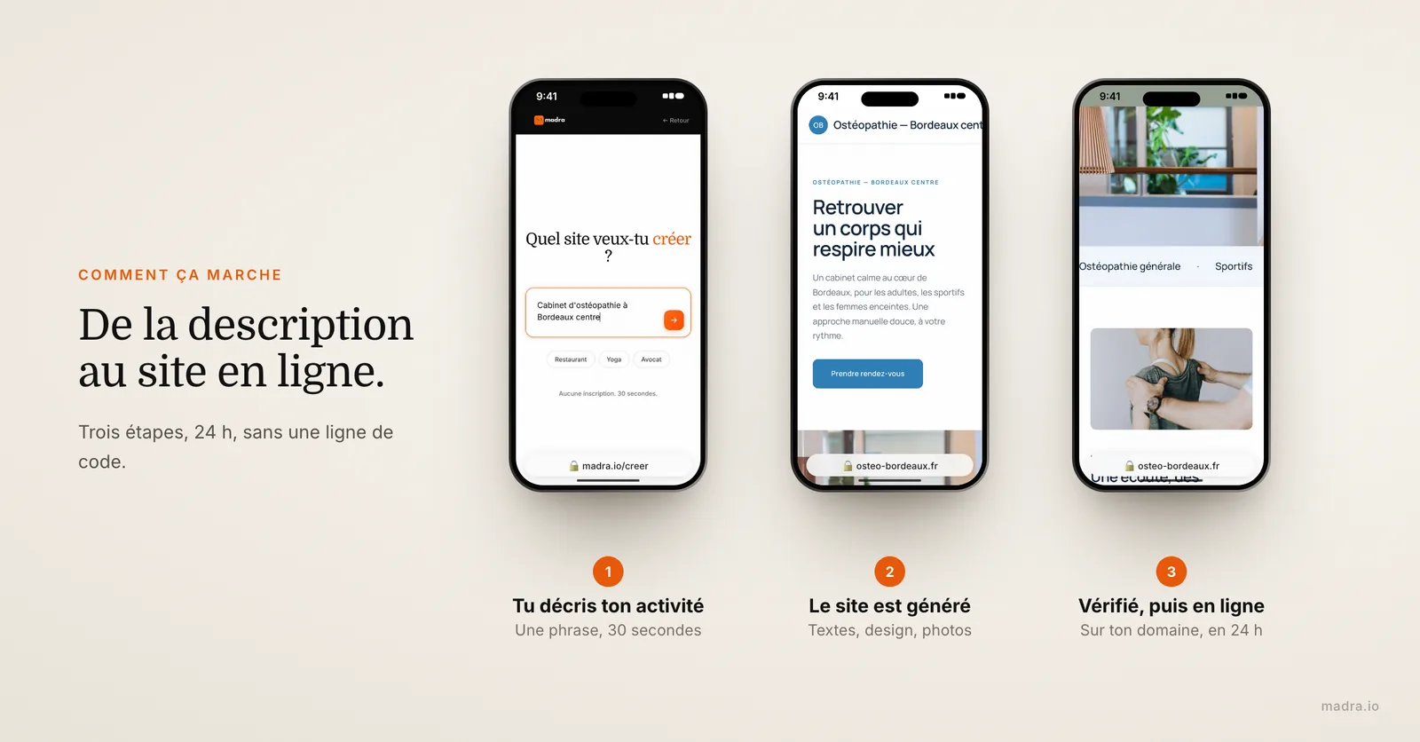 Les 3 étapes d'un site par abonnement madra sur iPhone : description de l'activité, site généré, mise en ligne