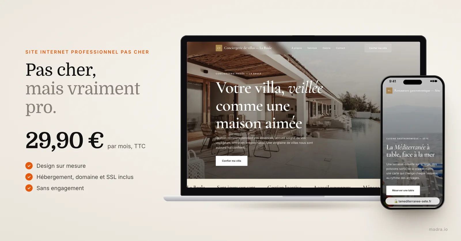 Site de conciergerie sur ordinateur et de restaurant sur iPhone : site internet professionnel pas cher à 29,90 € par mois