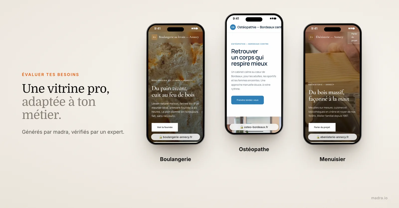 Trois sites vitrines professionnels sur iPhone, boulangerie, ostéopathe et menuisier, adaptés à chaque métier