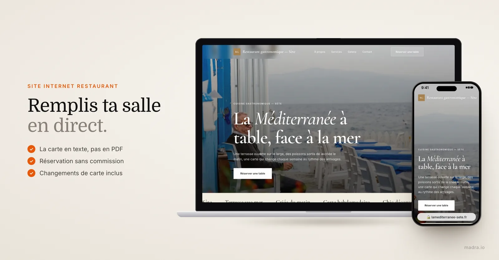 Site de restaurant gastronomique à Sète sur ordinateur et iPhone, avec carte en ligne et réservation directe