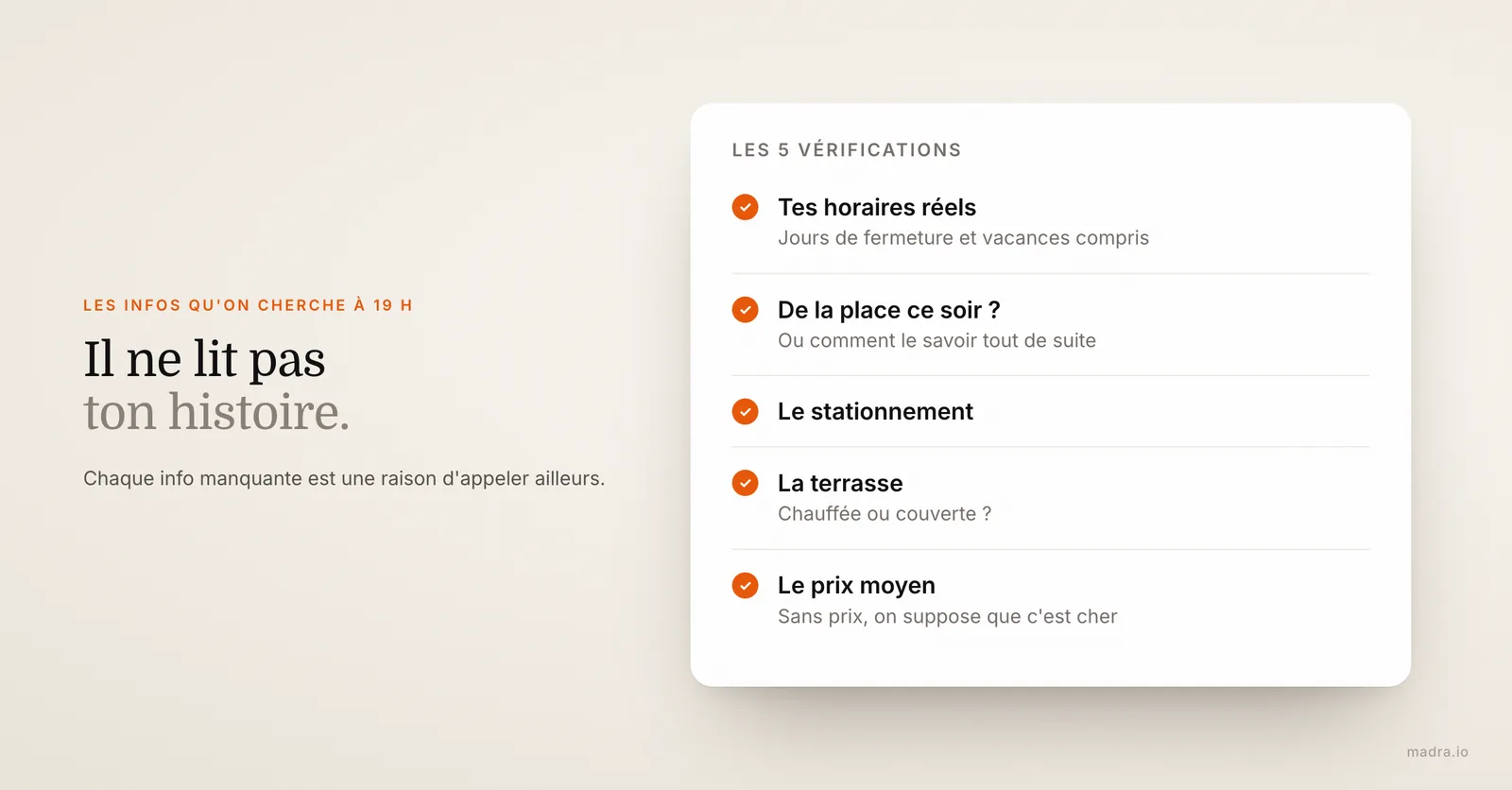 Les 5 informations qu'un client cherche sur le site d'un restaurant avant de réserver : horaires, place, parking, terrasse