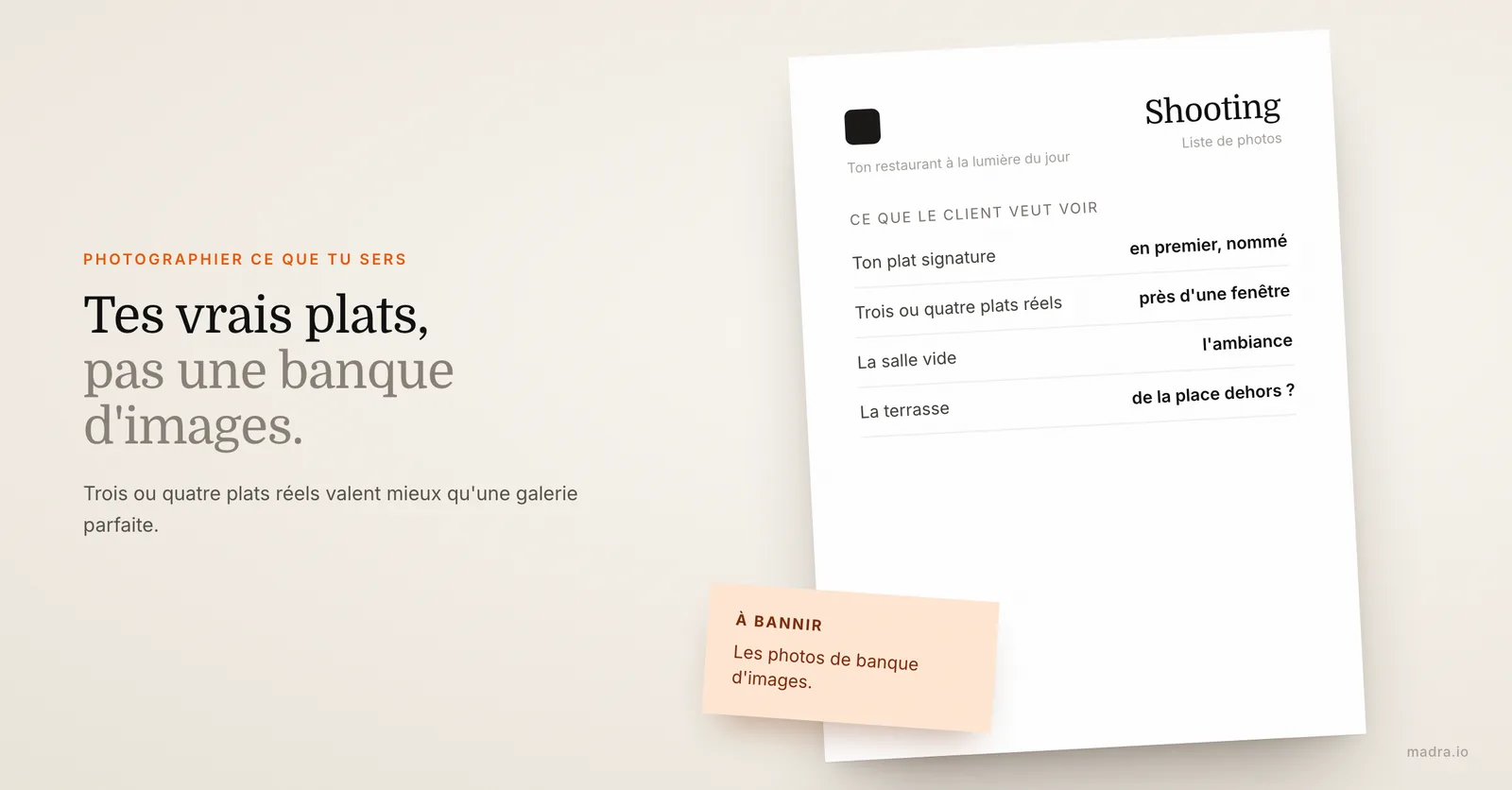 Liste des photos à mettre sur le site d'un restaurant : plat signature, vrais plats, salle et terrasse