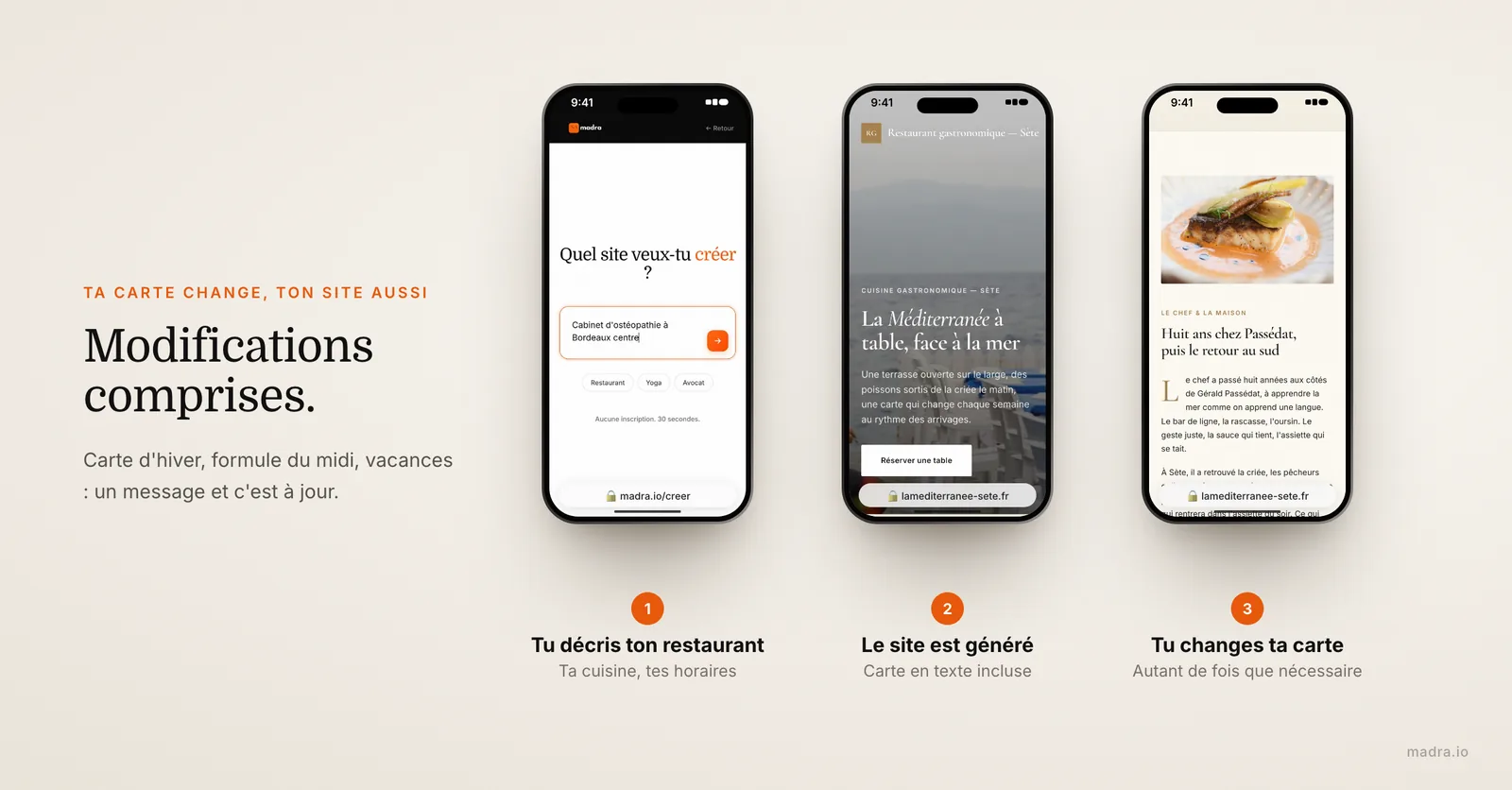 Les étapes d'un site de restaurant avec madra sur iPhone : description, site généré, carte modifiée sans surcoût