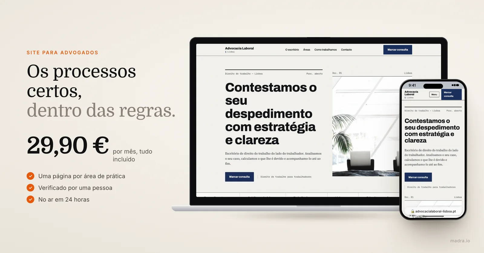 Site de advogado em Lisboa num portátil e num iPhone, criado por IA e verificado por uma pessoa, desde 29,90 €/mês