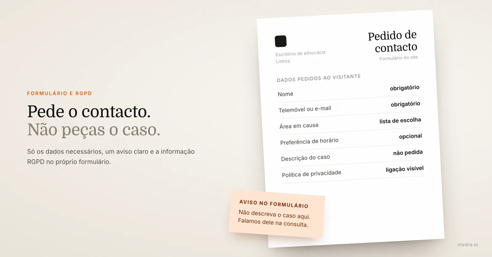 Pedido de contacto de um site de advogado com nome, telemóvel e área de prática, sem descrição do caso, e aviso RGPD
