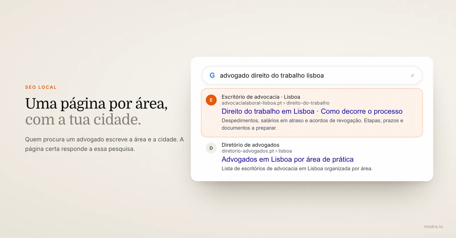 Resultado do Google para advogado direito do trabalho Lisboa com a página de área de prática de um escritório em destaque