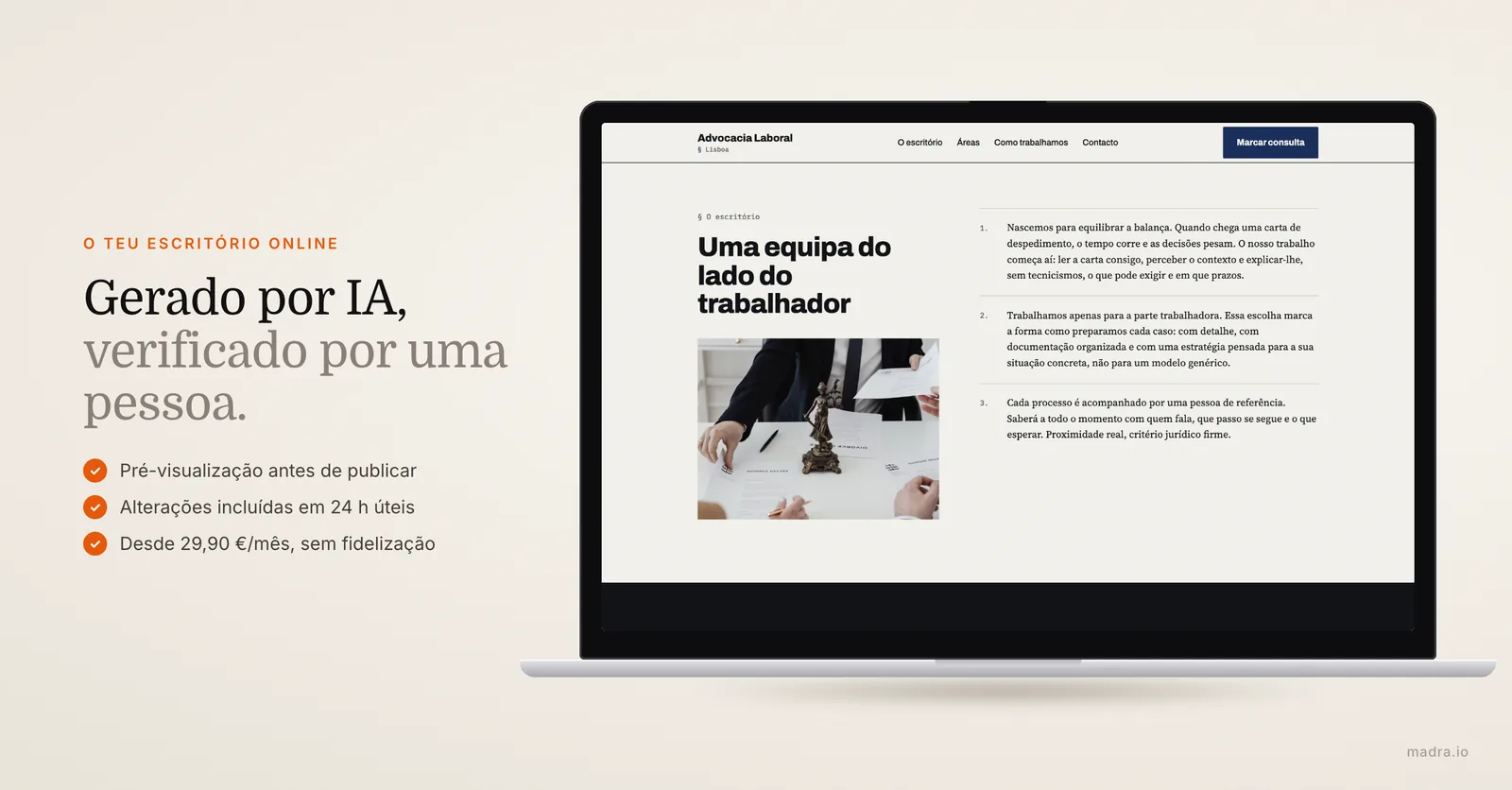 Página interior de um site de advogado em Lisboa num portátil, gerado por IA e verificado por uma pessoa