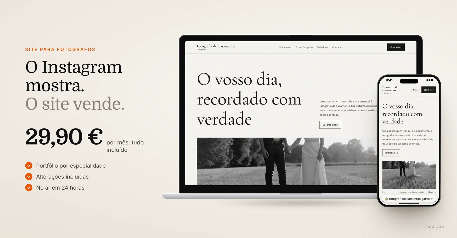 Site de fotógrafo no Algarve num portátil e num iPhone, com portfólio em destaque, desde 29,90 €/mês