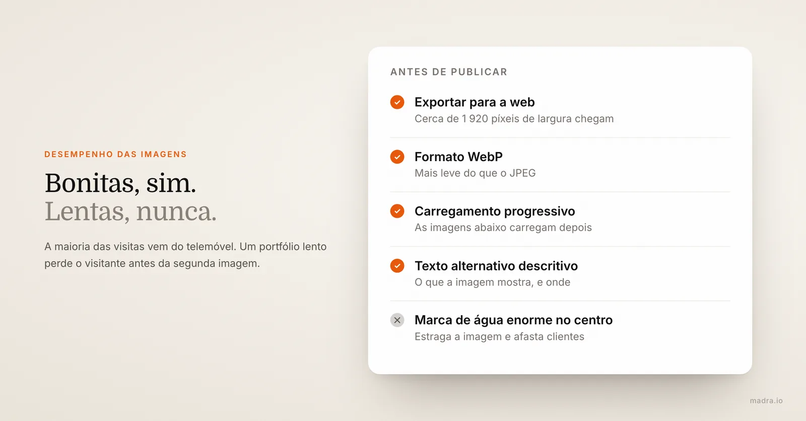 Lista de verificação para imagens rápidas num site de fotógrafo: exportação para a web, WebP e texto alternativo