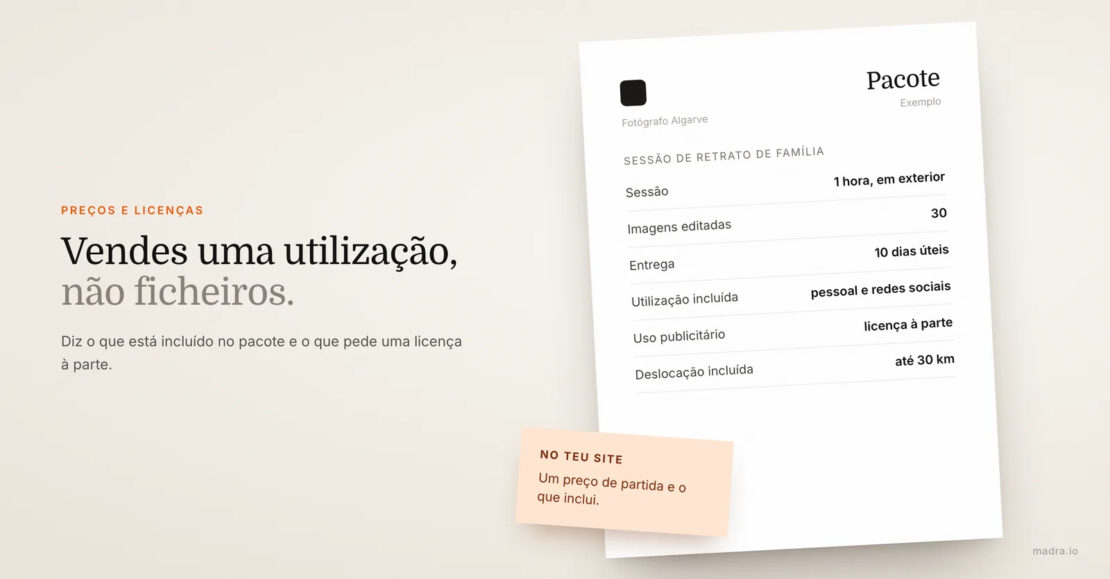 Exemplo de pacote de fotógrafo com sessão de 1 hora, 30 imagens editadas, entrega em 10 dias úteis e utilização incluída