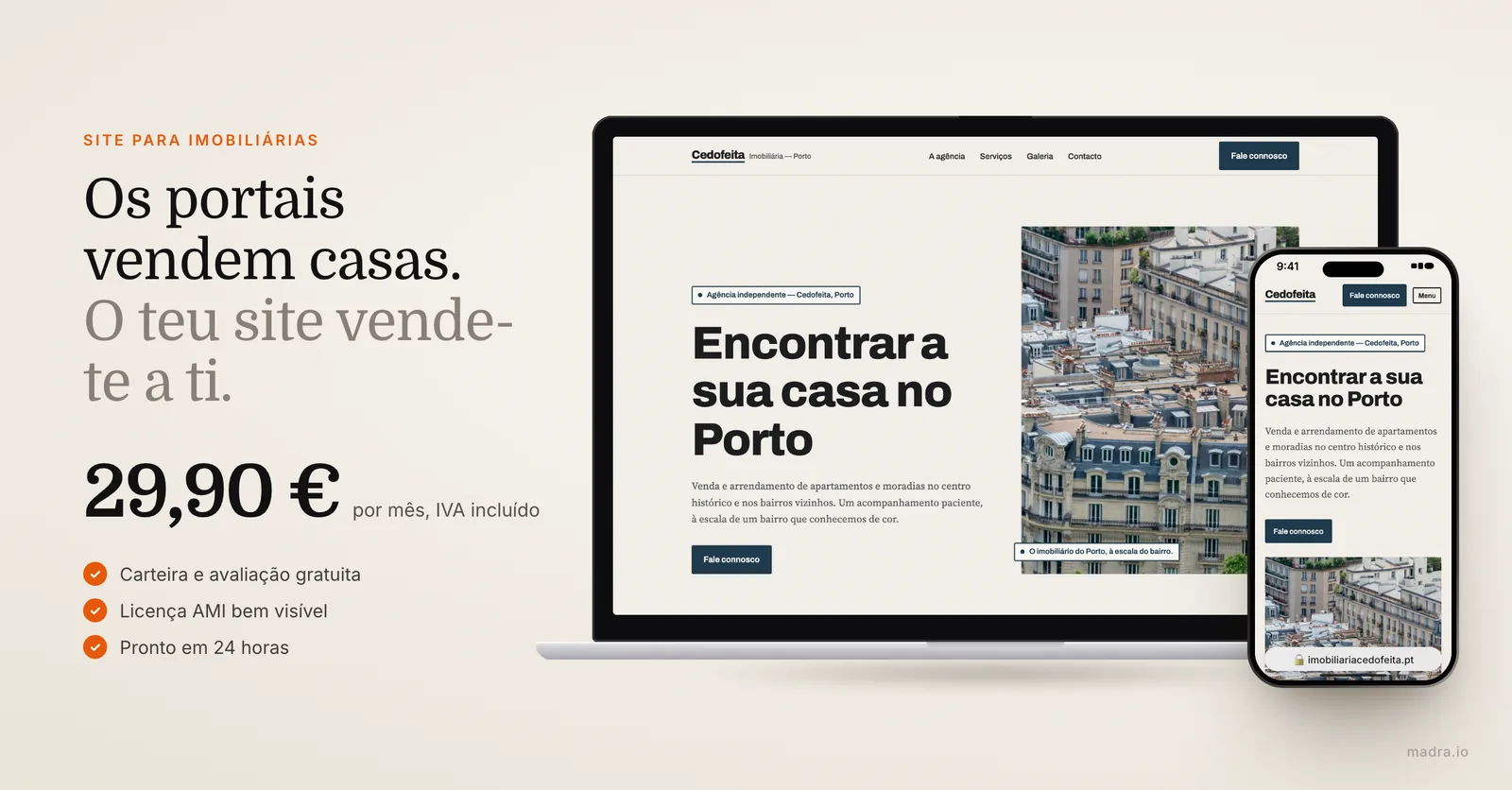 Site de uma imobiliária do Porto num MacBook e num iPhone, com carteira de imóveis e avaliação gratuita, desde 29,90 €/mês