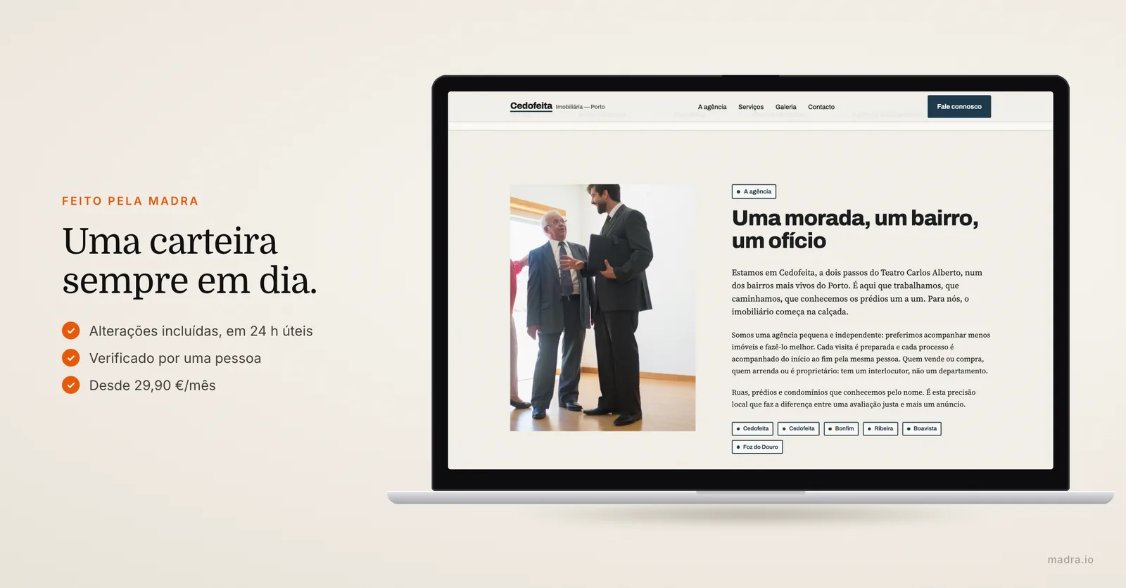 Página interior do site de uma imobiliária do Porto num MacBook, com a carteira de imóveis e o pedido de avaliação