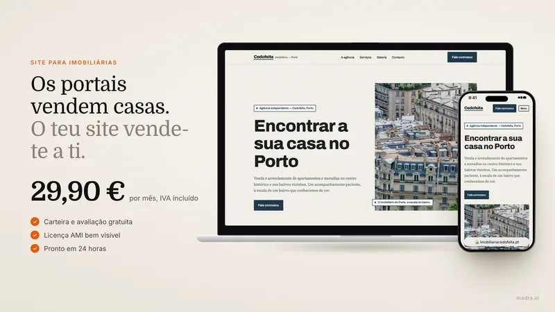 Site de uma imobiliária do Porto em MacBook e iPhone, com carteira de imóveis