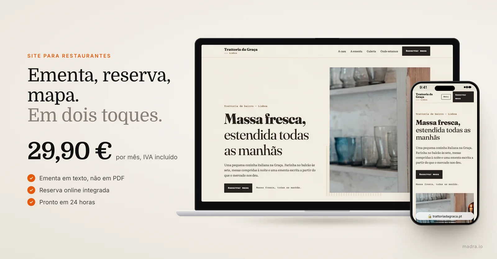 Site de uma trattoria em Lisboa num MacBook e num iPhone, com ementa e reserva online, criado pela madra desde 29,90 €/mês