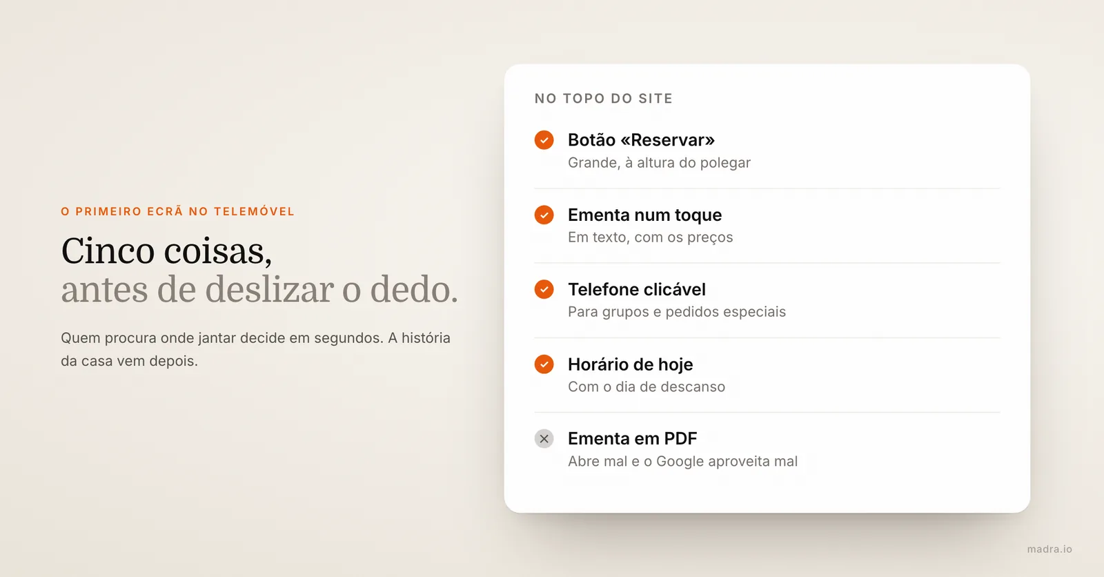 Lista dos cinco elementos que o primeiro ecrã do site de um restaurante deve mostrar no telemóvel, de reservar ao mapa