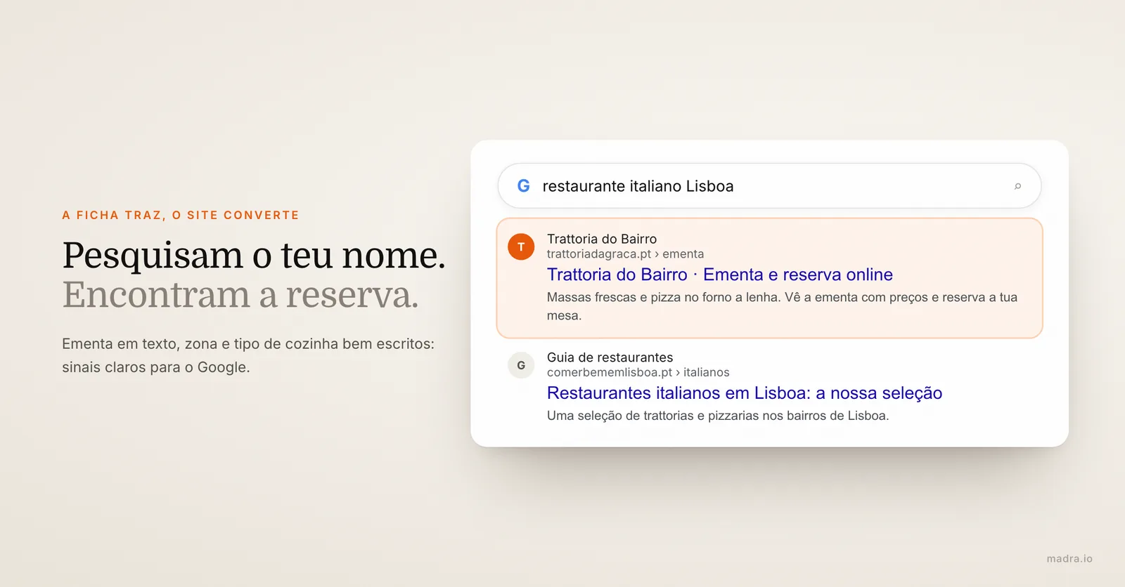 Resultado de pesquisa Google para restaurante italiano em Lisboa com o site de uma trattoria, a ementa e a reserva online