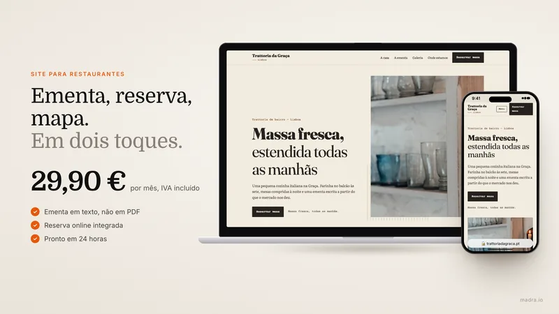 Site de uma trattoria em Lisboa em MacBook e iPhone, com ementa e botão de reserva