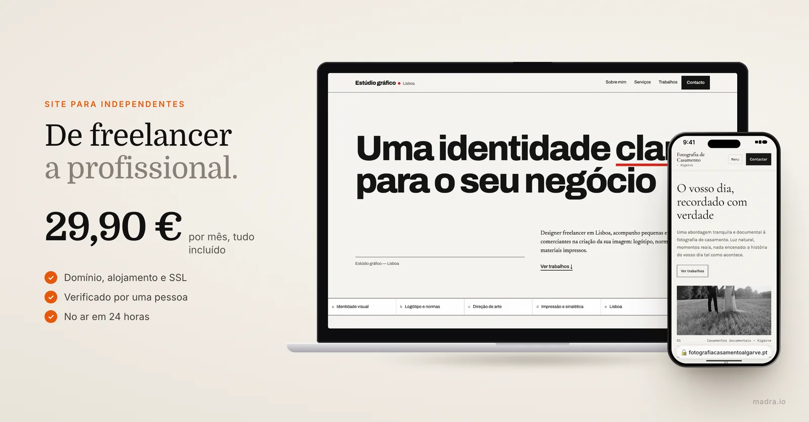 Site de estúdio de design em Lisboa num portátil e de fotógrafo no Algarve num iPhone, para independentes desde 29,90 €/mês