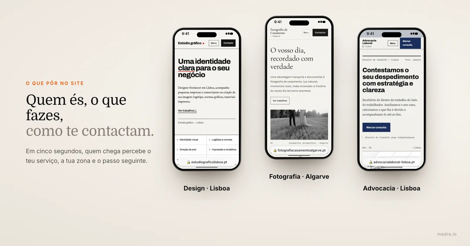 Três sites de profissionais independentes em iPhone: estúdio de design em Lisboa, fotógrafo no Algarve e advogado em Lisboa