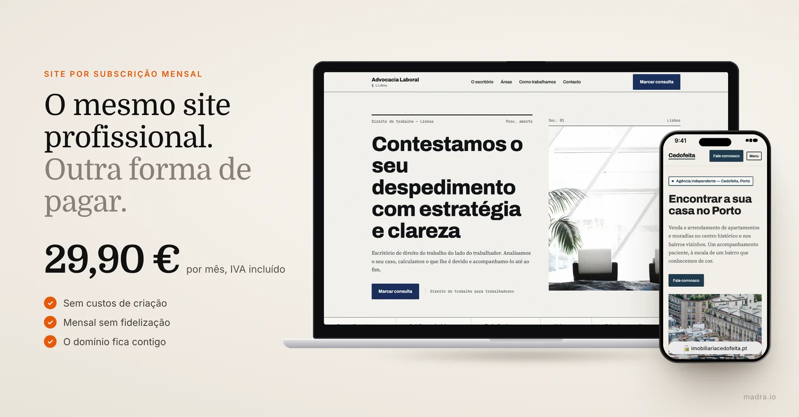 Site de um advogado num MacBook e site de uma imobiliária num iPhone, por subscrição a 29,90 € por mês sem custos de criação