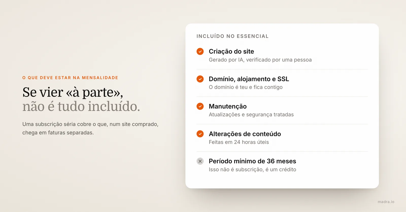 O que deve estar incluído num site por subscrição: criação, domínio, alojamento, SSL, manutenção e alterações