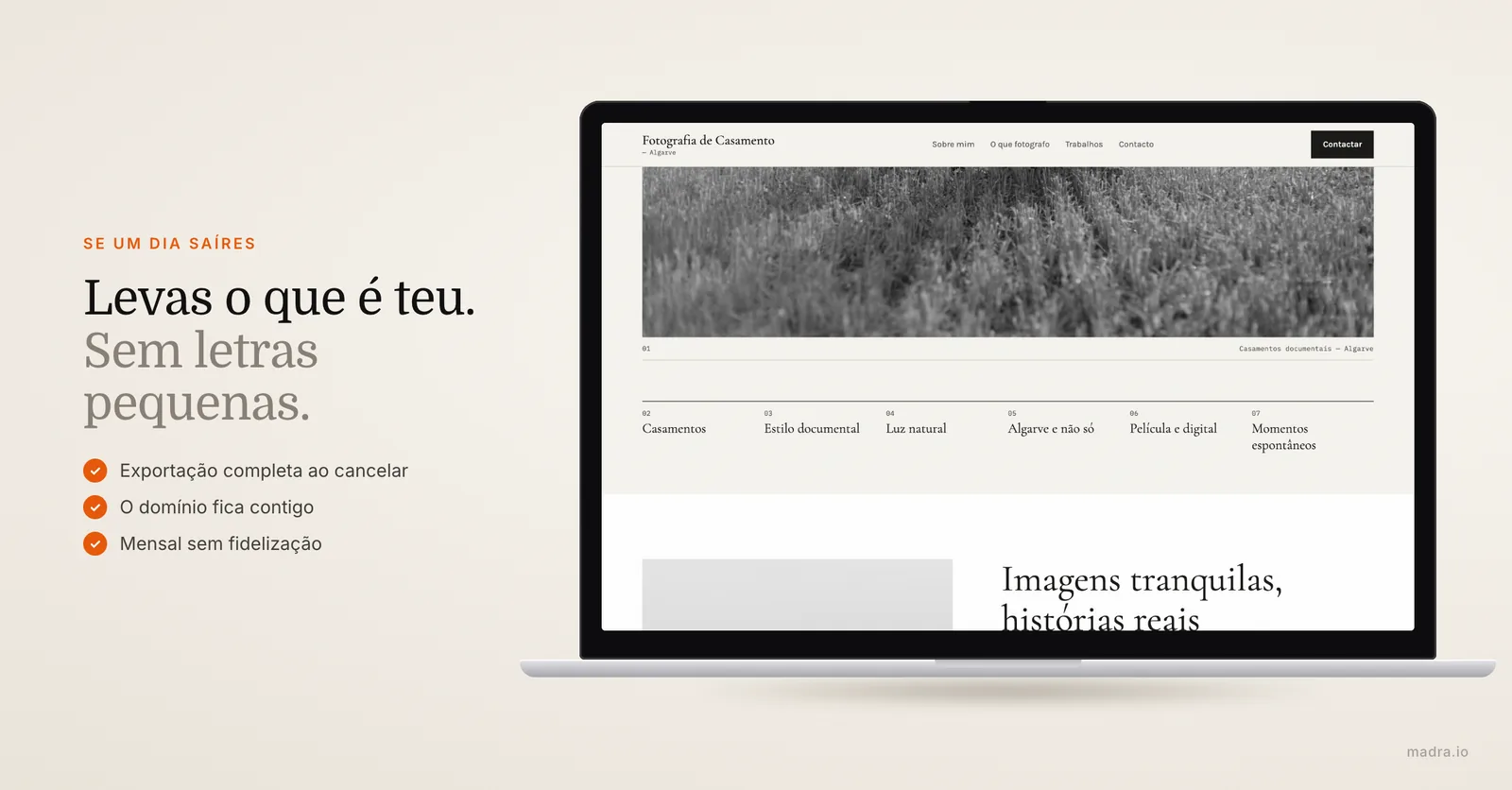 Site de um fotógrafo num MacBook: num site por subscrição sem fidelização, levas os conteúdos e o domínio se saíres