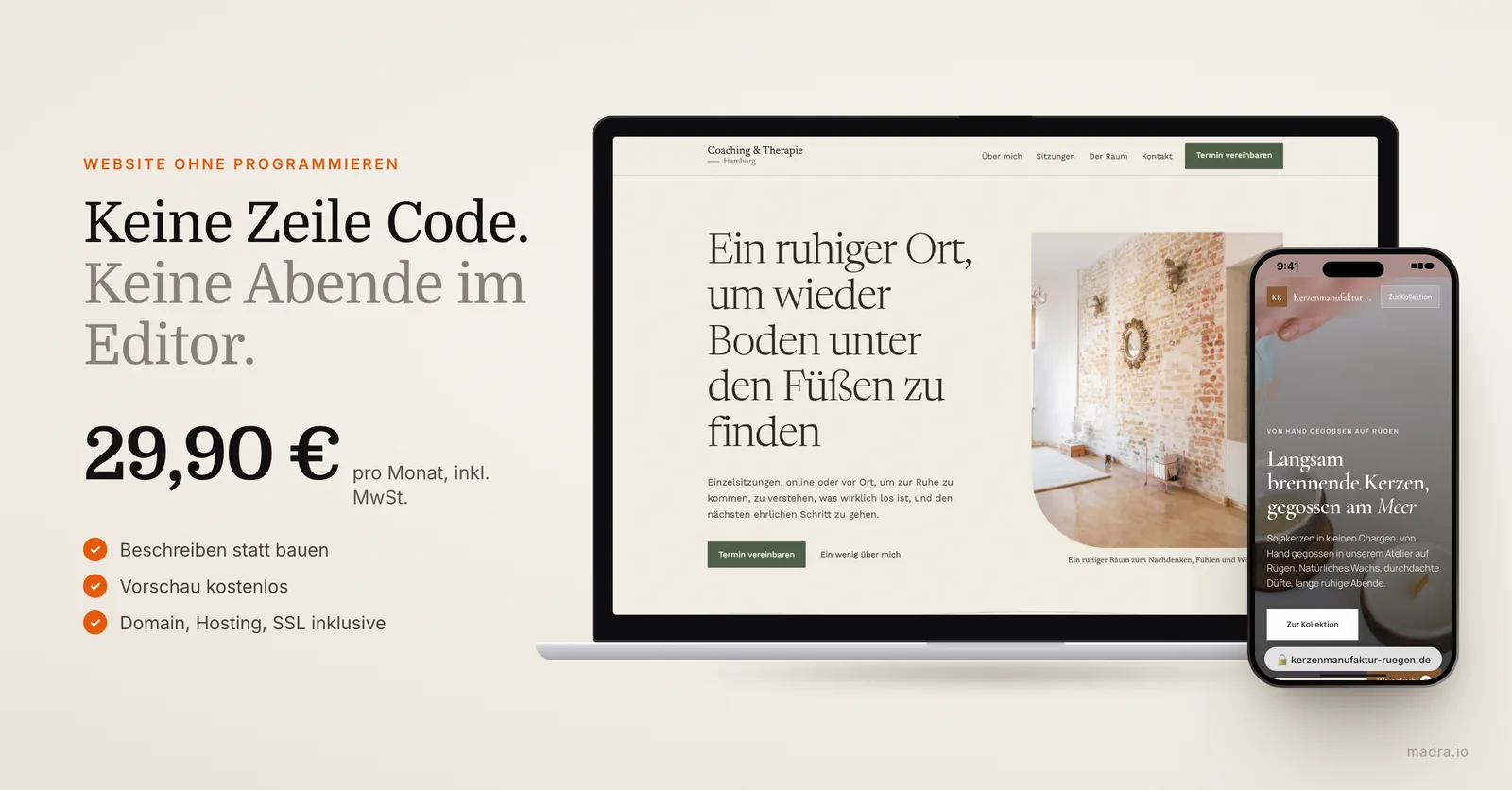 Website eines Coachings aus Hamburg auf dem Laptop und einer Kerzenmanufaktur auf dem iPhone, ohne Code erstellt