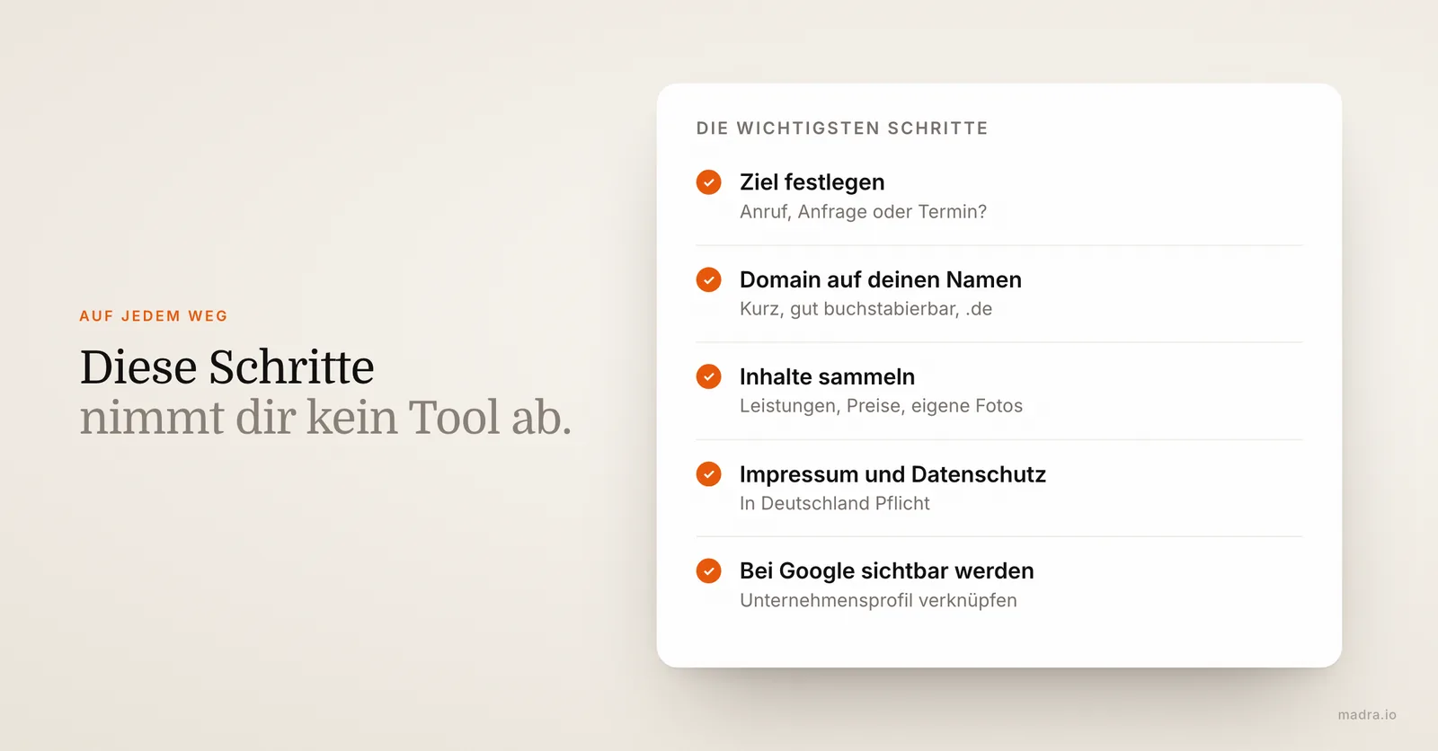Checkliste der wichtigsten Schritte zur eigenen Website: Ziel, Domain, Inhalte, Impressum und Datenschutz, Google