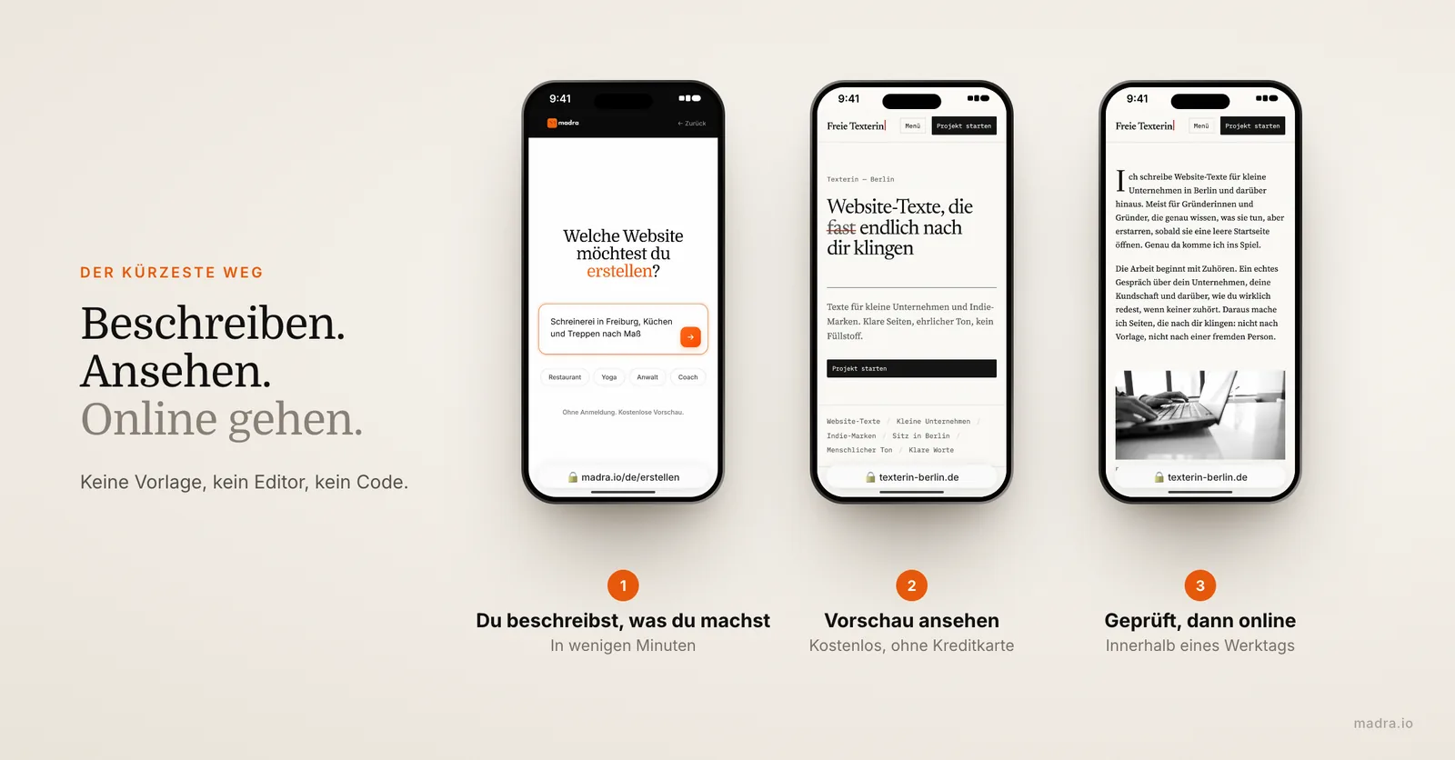 Drei Schritte zur Website ohne Code auf dem iPhone: Unternehmen beschreiben, Vorschau ansehen, nach Prüfung online gehen