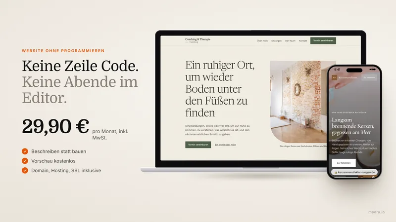 Website ohne Programmierkenntnisse erstellt, auf Laptop und Smartphone