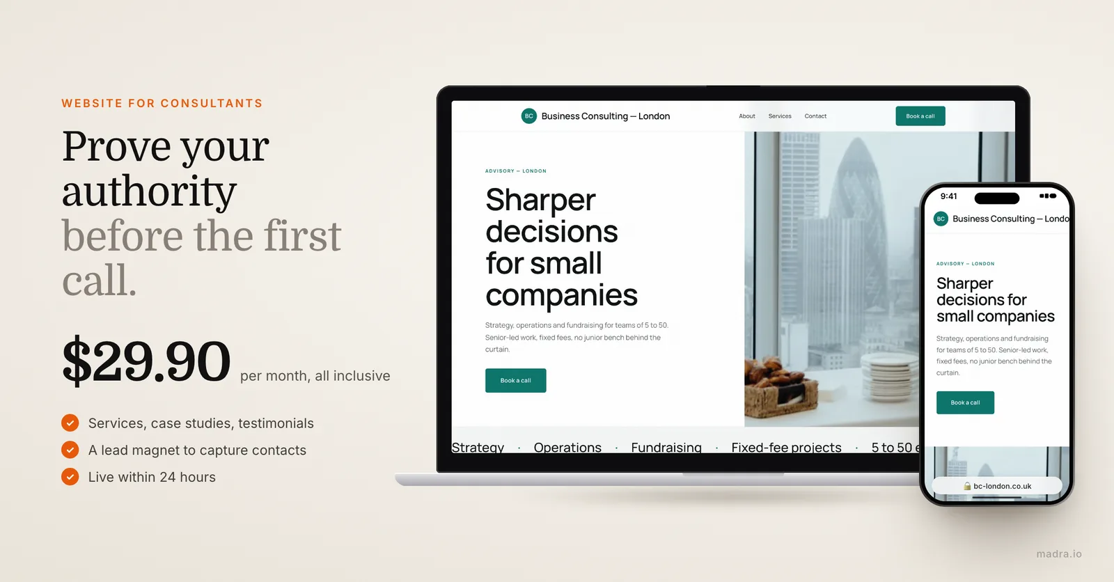 London business consultant website on a laptop and iPhone, built by Madra with AI and reviewed by an expert