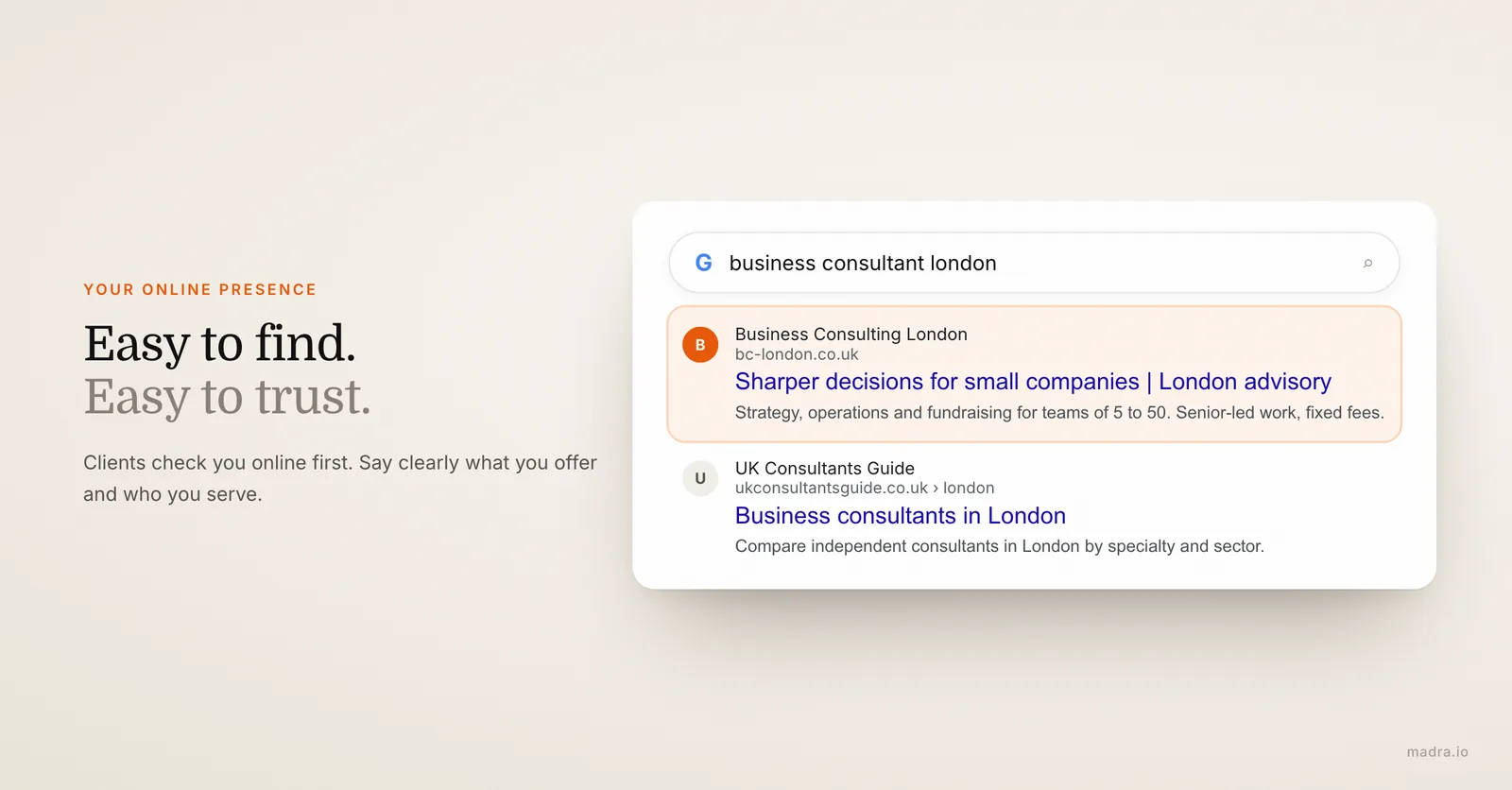Simulated Google result for business consultant London, with a consultant's professional website ranking first